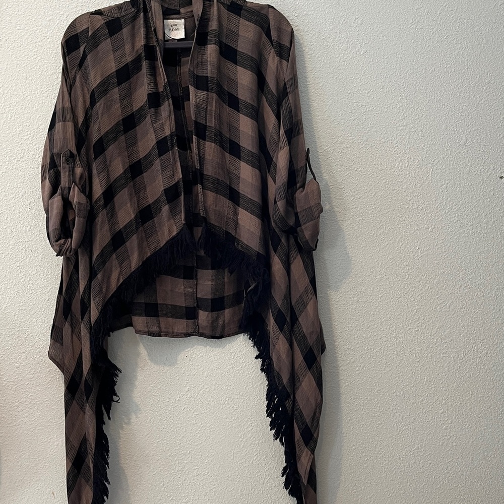 Knox Rose  Boho fringed waterfall Kimono Cardigan
Cover-up
Brown/Black
Sz L